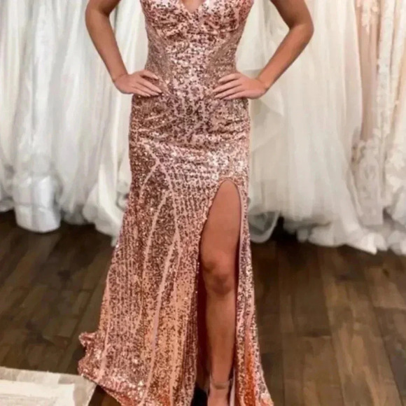 Rose Gold Long Gown Sequin Prom Homecoming Wedding Bridesmaid Formal - Picture 5 of 6